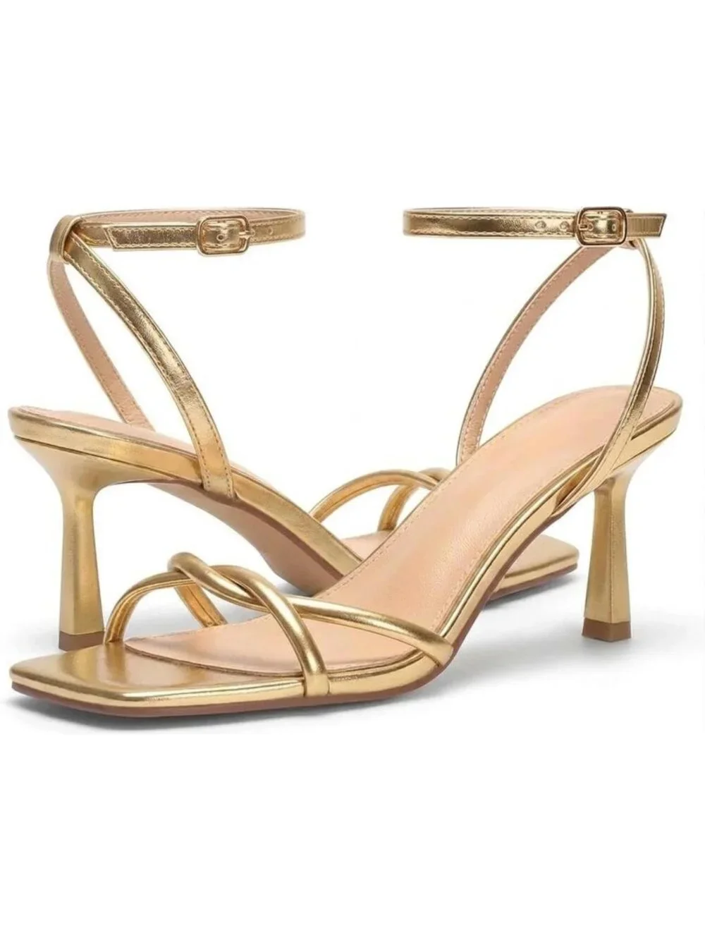 Women's Golden Elegant Square Open Toe Strappy Comfortable Kitten Heels Sandals